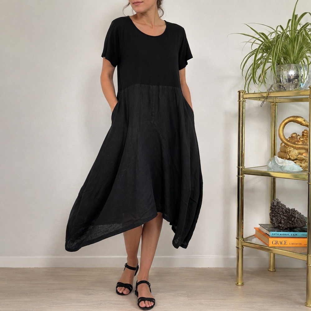 Black LagenLook Linen T-shirt Dress, Small Asymmetrical Handkerchief Hem witchy